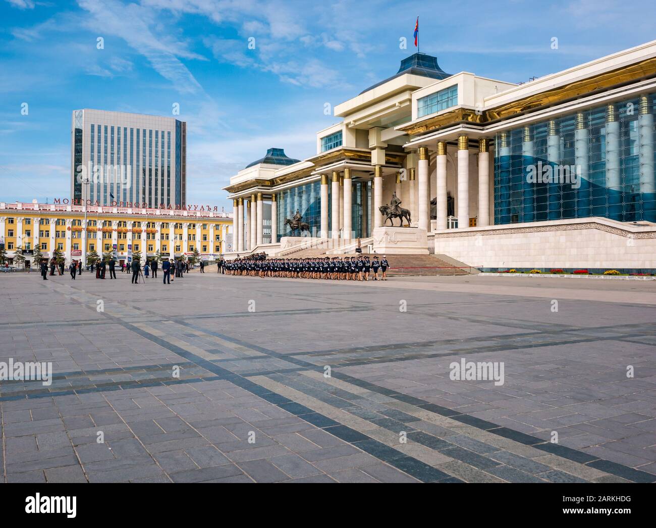 Female police officers marching ceremonial parade at Government Palace, Sükhbaatar Square, Ulaanbaatar, Mongolia Stock Photo