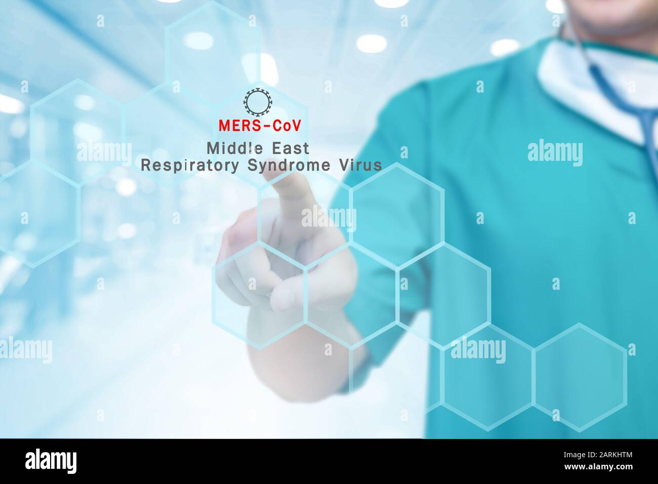 Mers-CoV Coronavirus test in hospital doctor hand touching button on screen analysis. 2019-nCoV virus infection originating in Wuhan, China Stock Photo