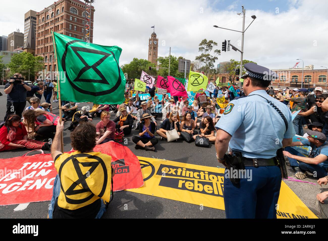 Sydney, Australia - October 7, 2019 - Hundreds of Australian Extinction Rebellion activists gather in Belmore Park for a climate change protest. Stock Photo