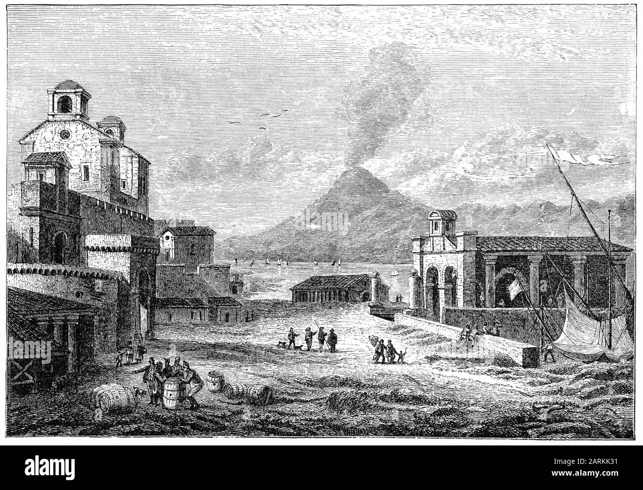 Engraving of the ancient city of Reggio, as it stood in the 1800s. The city was largely destroyed by earthquake in 1908. this view is looking south-west, with the port on the right and Mount Etna in the distance on the opposite side of the Strait of Messina. Stock Photo