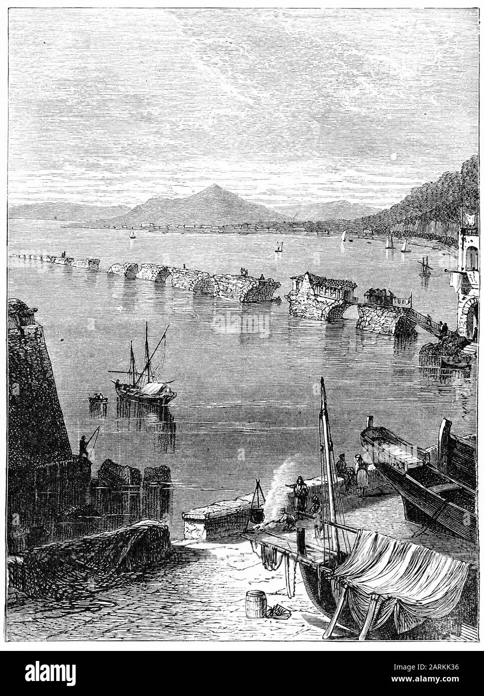 Engraving of the ruined mole of Puteoli, now a seaport of Campania, was the site of christian community found by Paul on his journeys. (Acts 28:13,14) The harbor was rendered doubly safe by a mole,  at least 418 yards in length, made of massive piers connected by arches constructed in solid masonry. Stock Photo