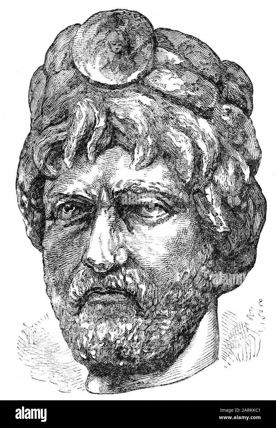 Engraving of the head from a statue of the Roman emperor Hadrian found in Jerusalem, on the temple site. Stock Photo