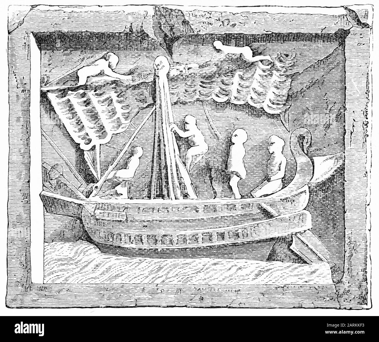 Engraving of a picture of an ancient ship found on the tomb of Naevolia Tyche at Pompeii. Stock Photo