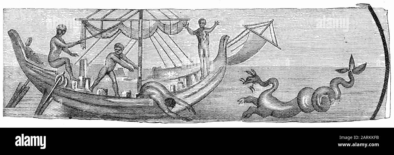 Engraving of a scene from the catacombs of Rome, where the prophet Jonah is thrown overboard. The ship seems to be typical of the ships of ancient days with one mast and two giant oars for rudders. A sea monster waits beneath the waves to capture Jonah as he is tipped out of the boat. Stock Photo