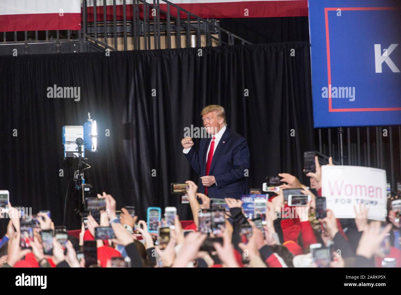 Wildwood, USA, 28th Jan 2020, Donald Trump enters the arena at the President Trump Rally, Photo Credit: Benjamin Clapp/Alamy Live News Stock Photo