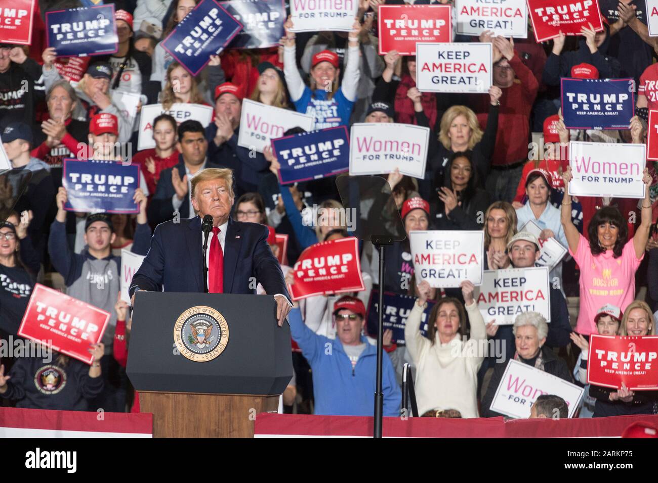 Wildwood, USA, 28th Jan 2020, Donald Trump speaks to audience at the President Trump Rally, Photo Credit: Benjamin Clapp/Alamy Live News Stock Photo