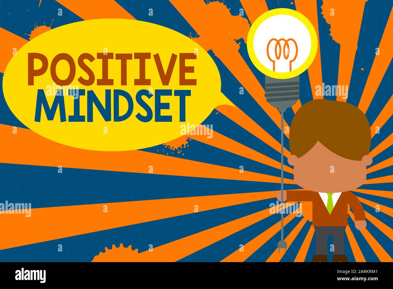 Conceptual hand writing showing Positive Mindset. Concept meaning mental attitude in wich you expect favorable results Standing man tie holding plug s Stock Photo