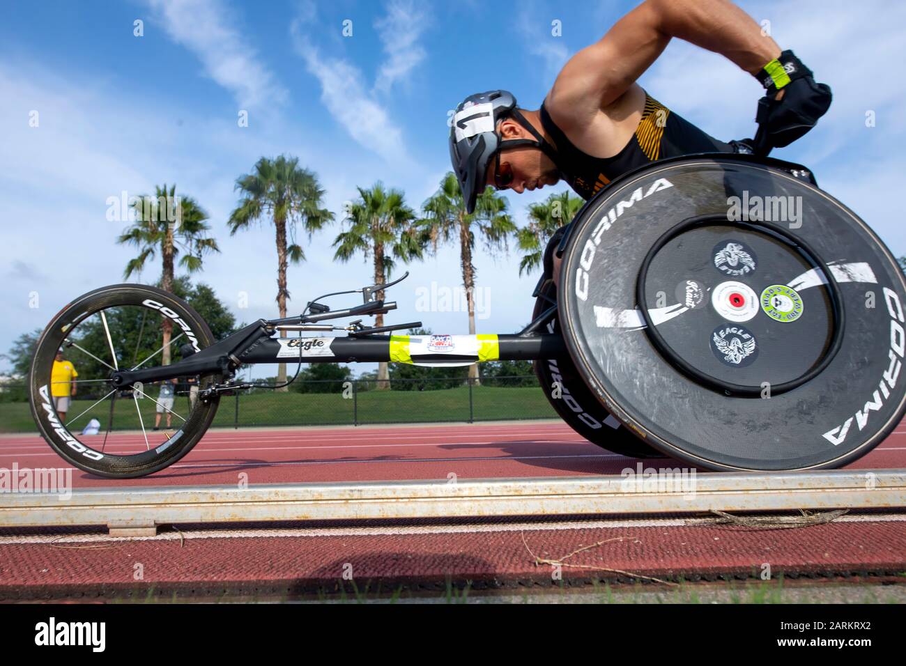 Army Sgt. Jonathan Weasner races a wheelchair during the 2019 DoD Warrior Games in Tampa, Fla. June 22, 2019. (DoD photo by EJ Hersom) Stock Photo