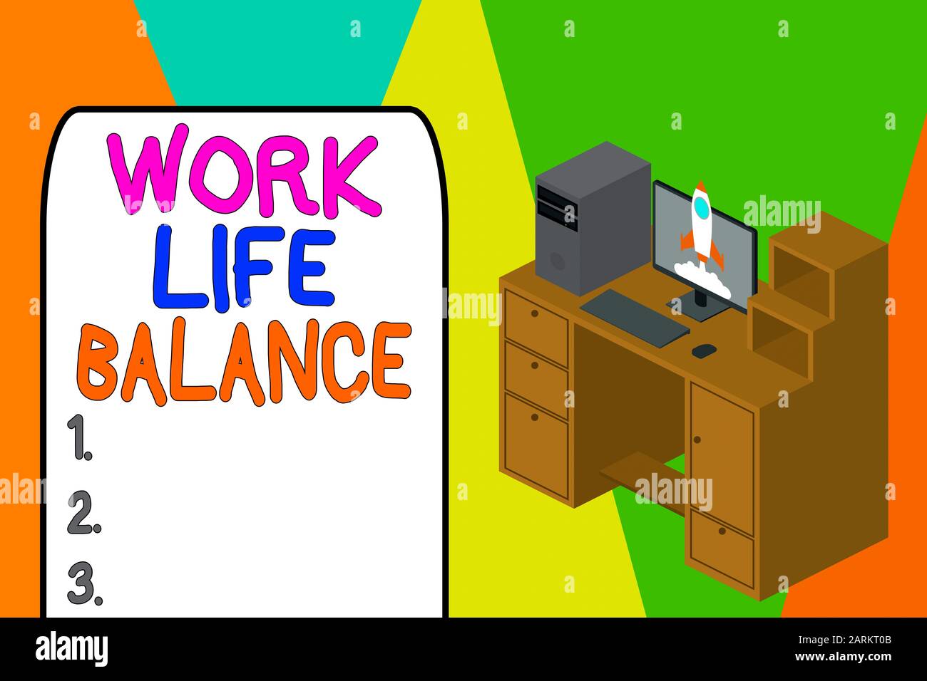 Word writing text Work Life Balance. Business photo showcasing Division of time between working or family and leisure Working desktop station drawers Stock Photo
