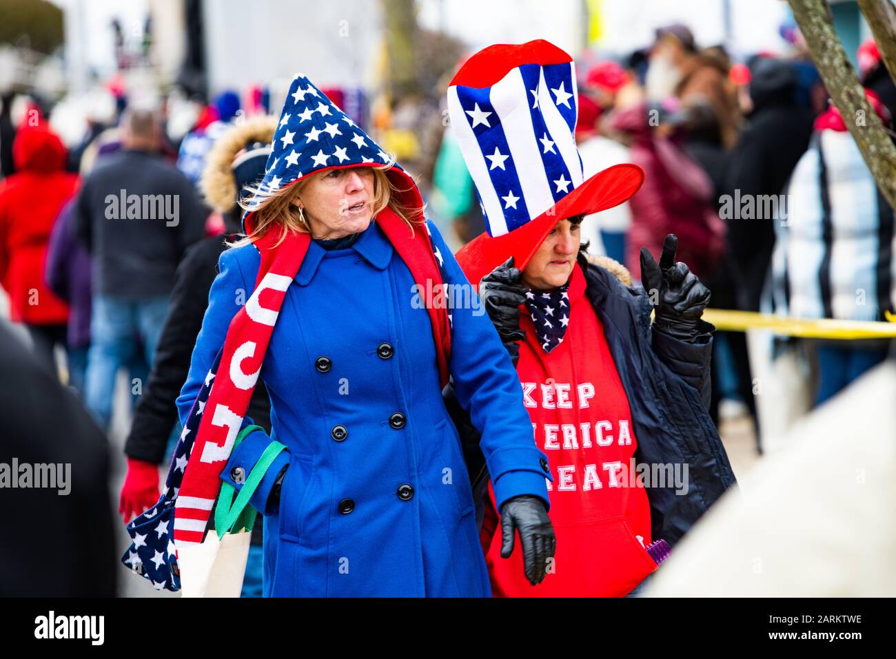 Wildwood, New Jersey, USA. 28th Jan 2020. Thousands lined up for hours before an evening rally paid for by President Donald Trump at the Wildwood Convention Center in New Jersey. January 28, 2020. Credit: Chris Baker Evens / Alamy Live News. Stock Photo