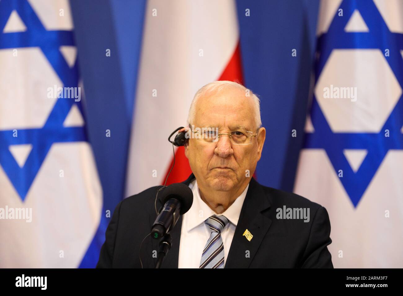 Oswiecim, Poland. 27th Jan, 2020. President of Israel Rueven Rivlin speaks during a press conference. 75th anniversary of the liberation of former Nazi German concentration camp Auschwitz-Birkenau. KL Auschwitz-Birkenau was liberated on 27 January 1945. Credit: SOPA Images Limited/Alamy Live News Stock Photo