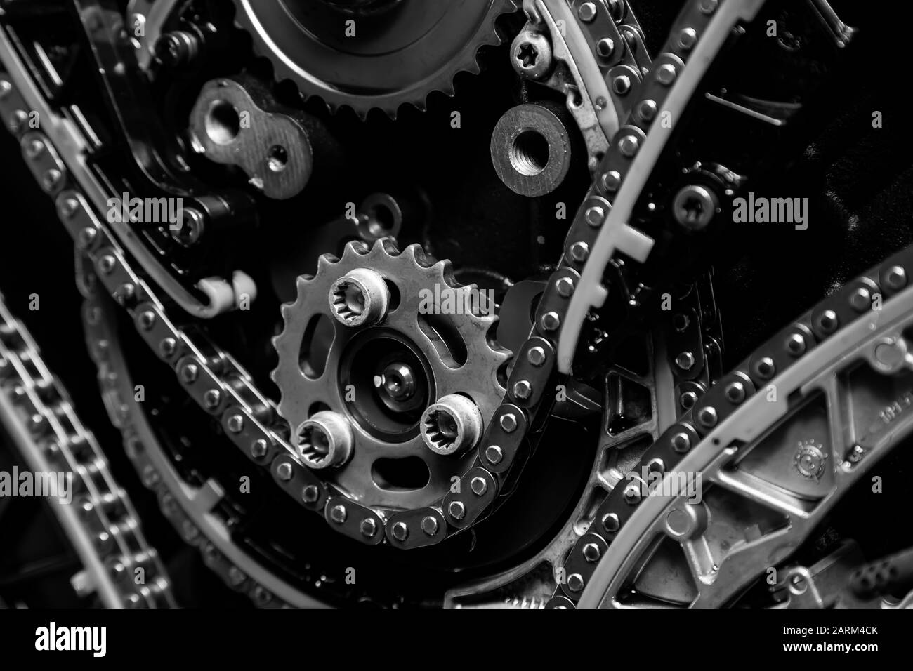 Gear, chain drive shaft in conveyor, belt is on production line. Timing