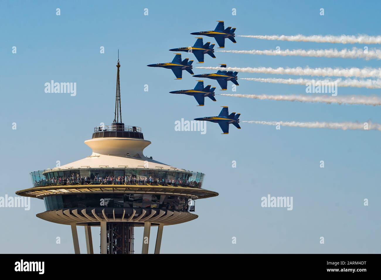 190804-N-OY339-1068 SEATTLE (Aug. 4, 2019) The U.S. Navy Flight Demonstration Squadron, the Blue Angels, pilots fly by the Space Needle during the Seattle Seafair Air Show. The Blue Angels are scheduled to conduct 61 flight demonstrations at 32 locations across the country to showcase the pride and professionalism of the U.S. Navy and Marine Corps to the American public in 2019. (U.S. Navy photo by Mass Communication Specialist 2nd Class Christopher Gordon/Released) Stock Photo