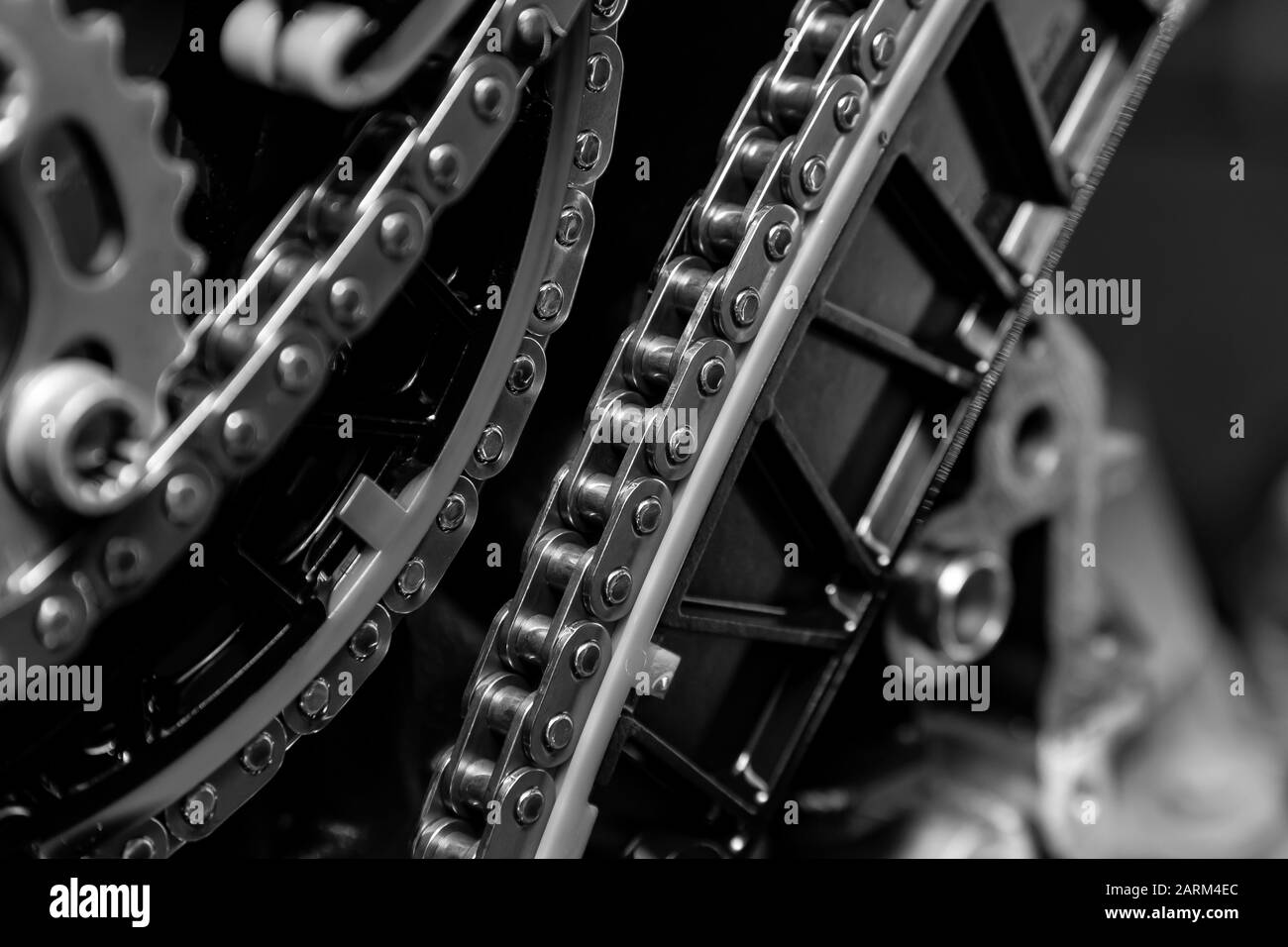 Gear, chain drive shaft in conveyor, belt is on production line. Timing