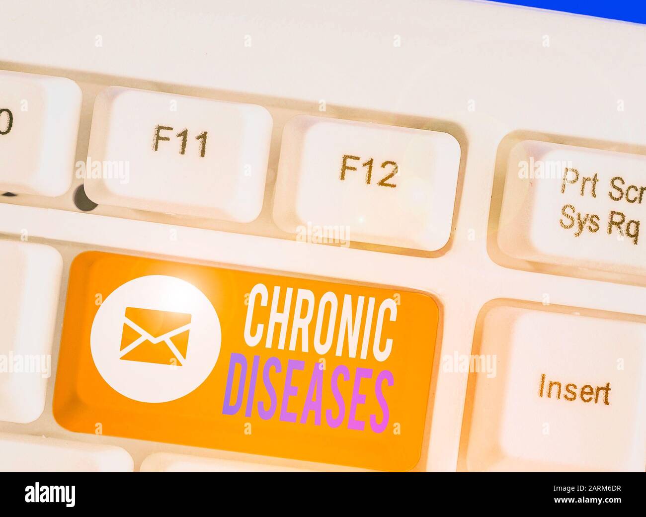 Writing note showing Chronic Diseases. Business concept for A disease or condition that lasts for longer time Stock Photo