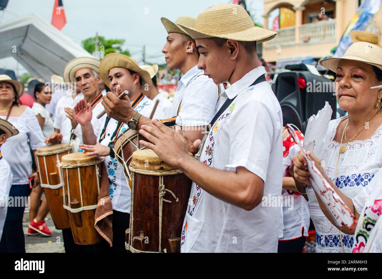 Scene at the very popular Mil Polleras Festival celebrated on January in Las Tablas in Panama Stock Photo