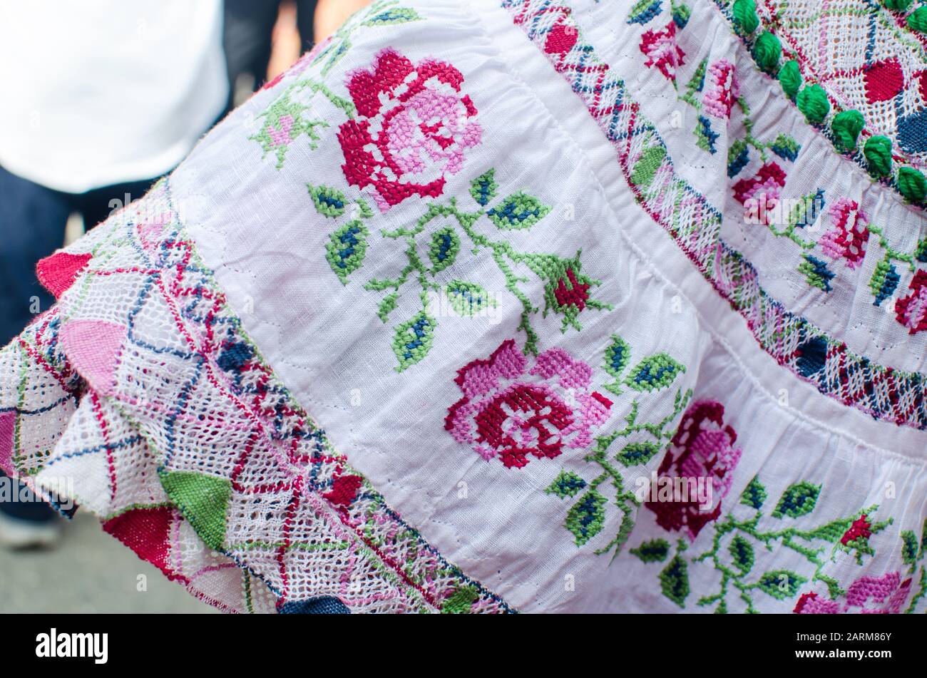 Details of the typical Panamanian dress known as pollera. The pattern is all handmade using different embroidery techniques Stock Photo