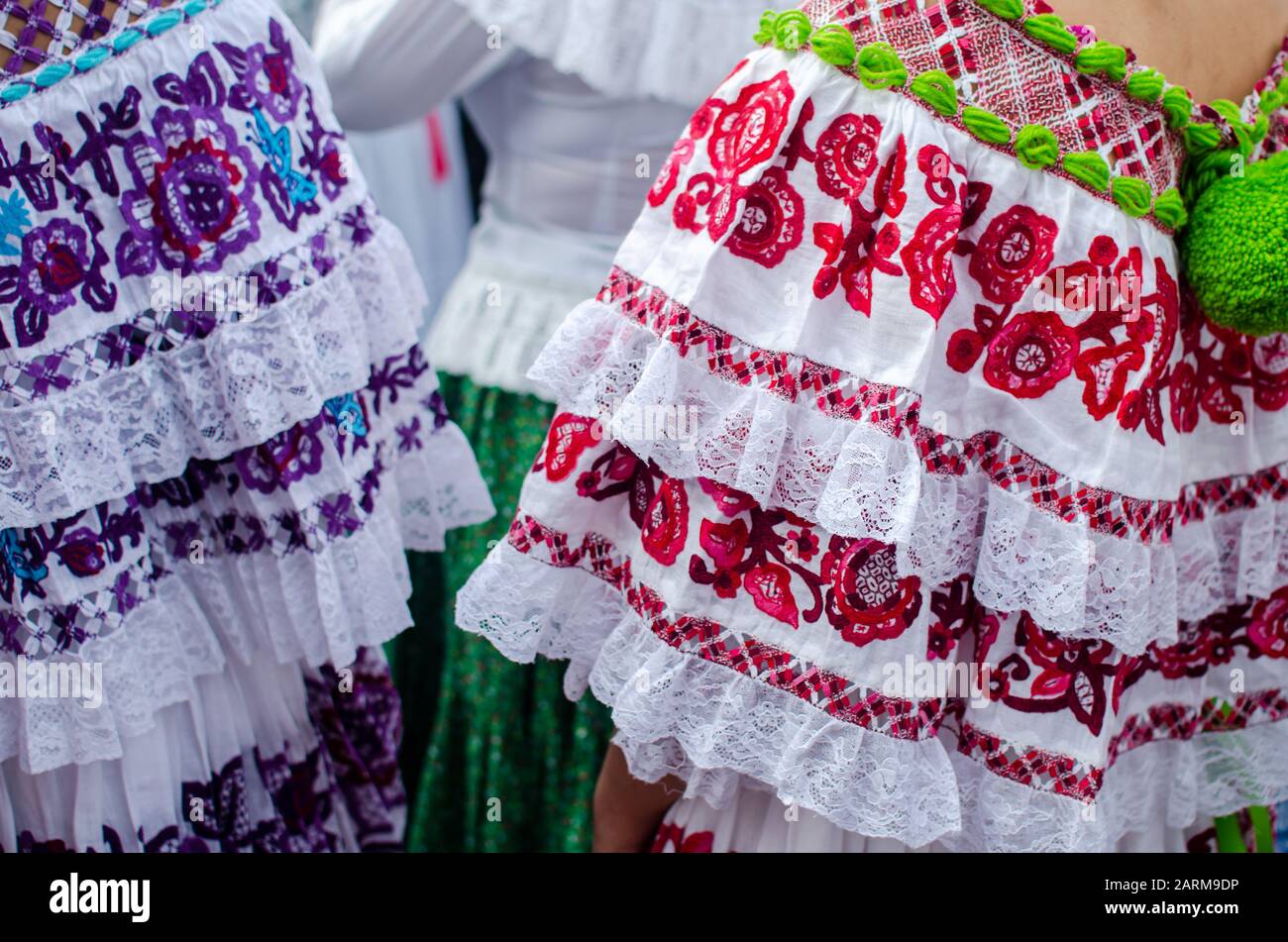 Details of the typical Panamanian dress known as pollera. The pattern is all handmade using different embroidery techniques Stock Photo