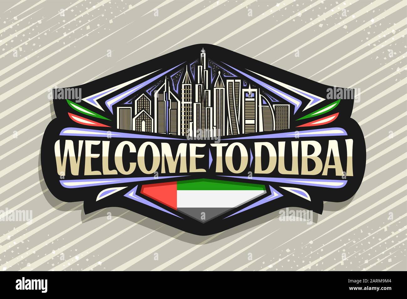 Vector logo for Dubai, black decorative signage with draw illustration of modern dubai cityscape on evening sky background, tourist fridge magnet with Stock Vector