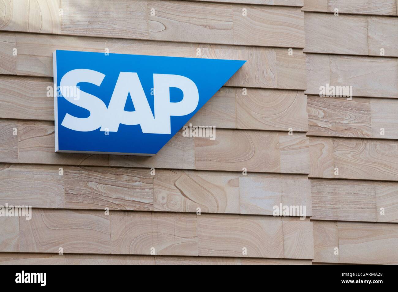 Brisbane, Queensland, Australia - 21st January 2020 : SAP Logo hanging in front of a building facade in Brisbane. SAP is a European multinational soft Stock Photo