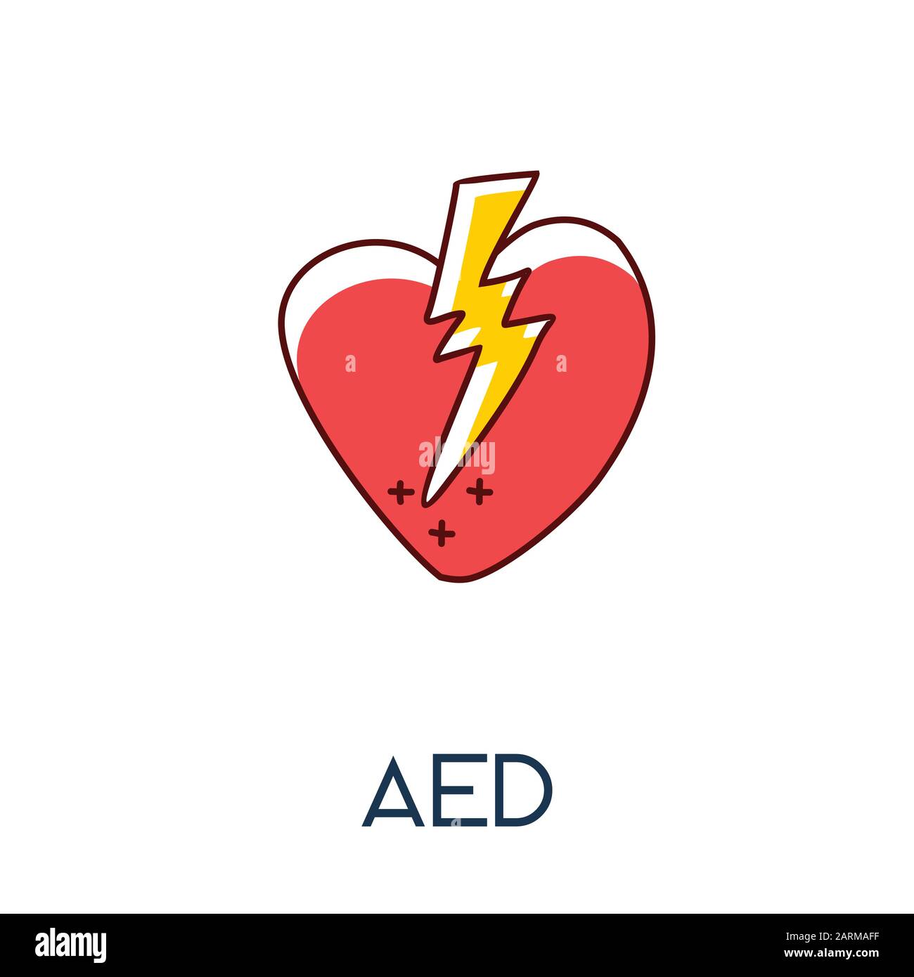 automated external defibrillator (AED) heart with electric shock minimalist out line hand drawn medic flat icon illustration Stock Vector