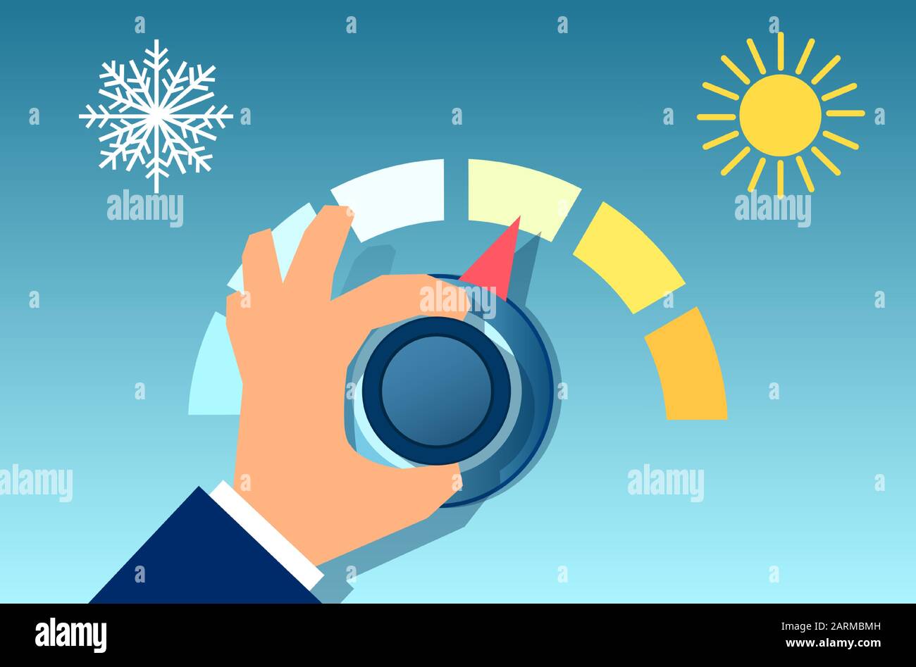 Vector of a hand rotating the thermostat. Illustration of an climate control regulator. Stock Vector