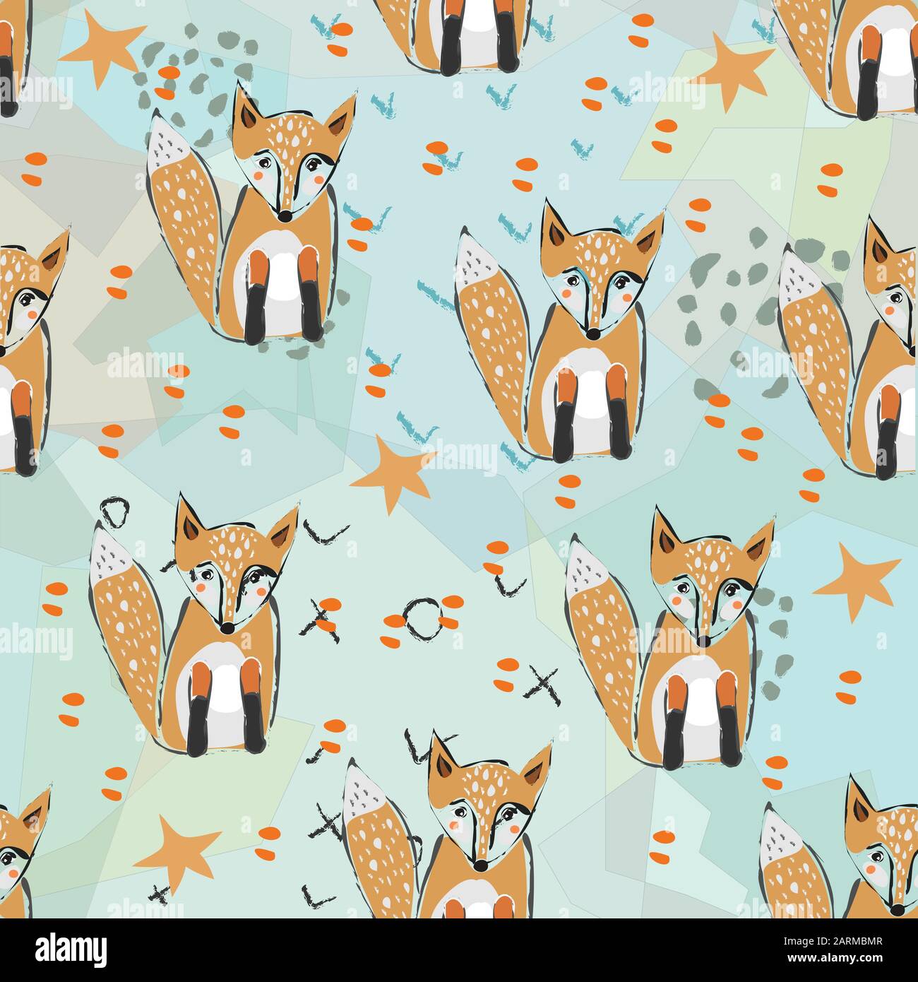Seamless Pattern with cute hand drawn Fox. Scandinavian Style. Vector ...