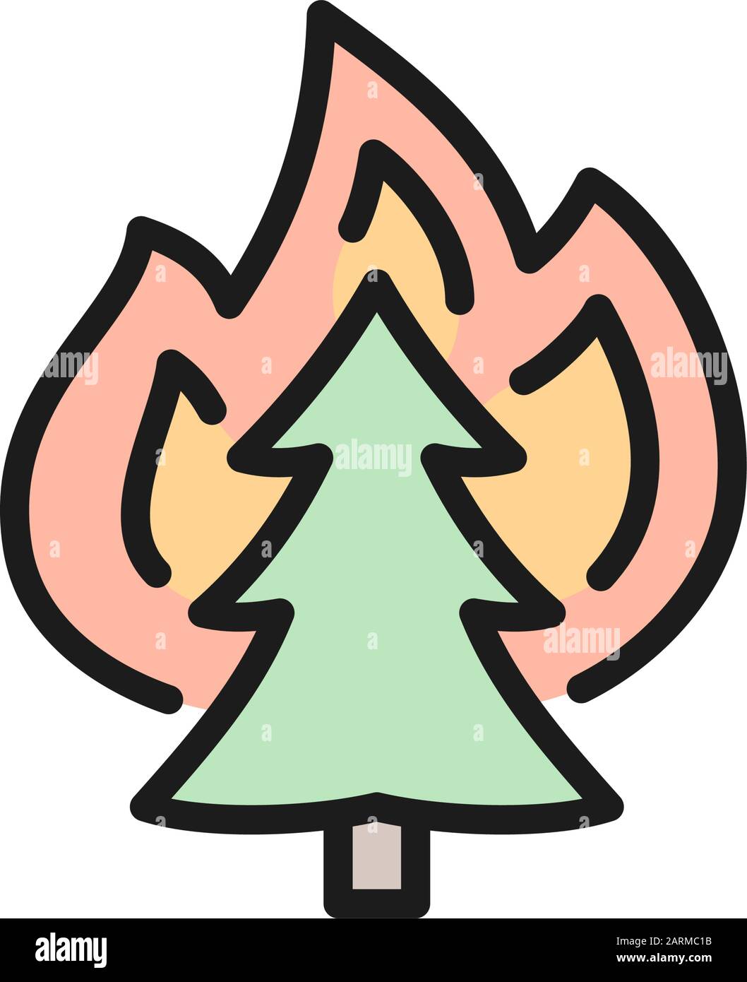 Vector fire on tree, wildfire flat color line icon. Stock Vector