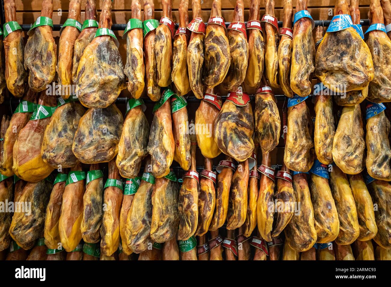 Barcelona, Spain - October 19, 2019: Jamon, spanish cured ham at grocery market Stock Photo