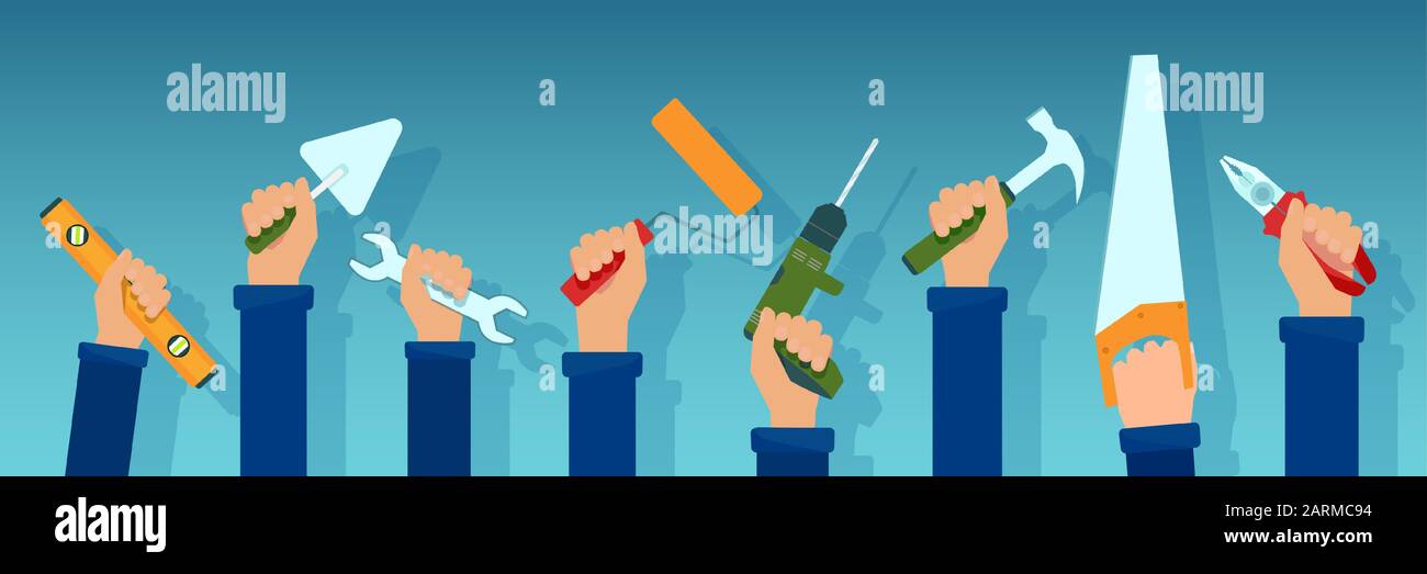 Fix Hand Vector Vector of workers holding repair tools in their hands isolated on blue ...