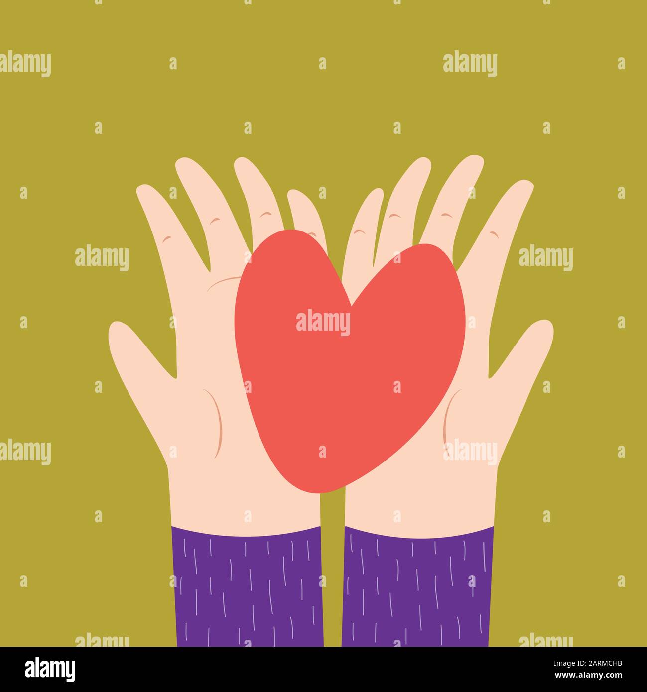 Two hands holding a heart vector cartoon illustration. View from above. Valentine's Day, love, relationships. Charity Symbol Stock Vector