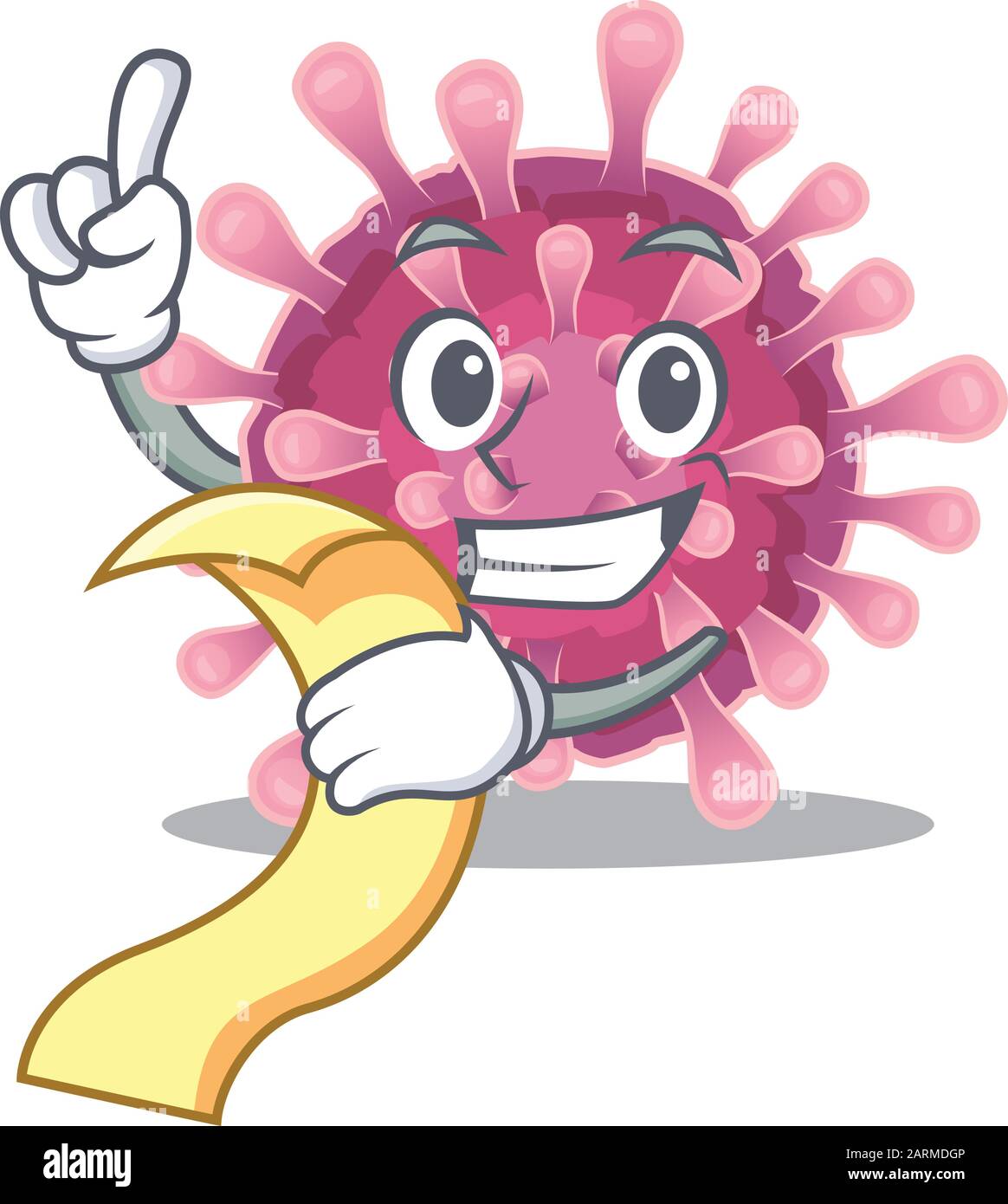 A Funny Cartoon Character Of Corona Virus With A Menu Stock Vector