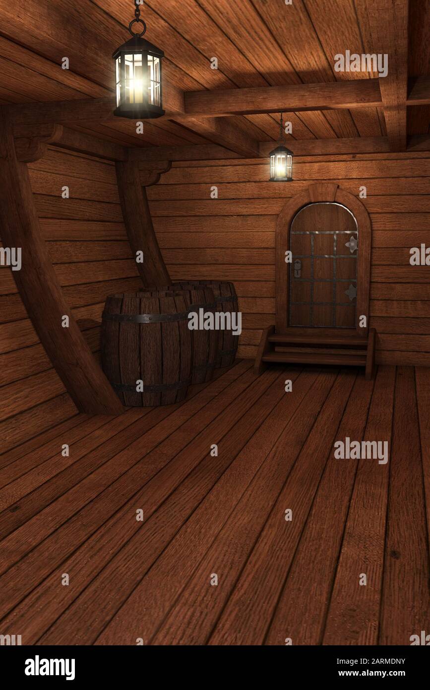 Inside old ship. Hold or cabin of a ship background. 3d illustration of pirate cabin. -3d rendering. - Stock Photo