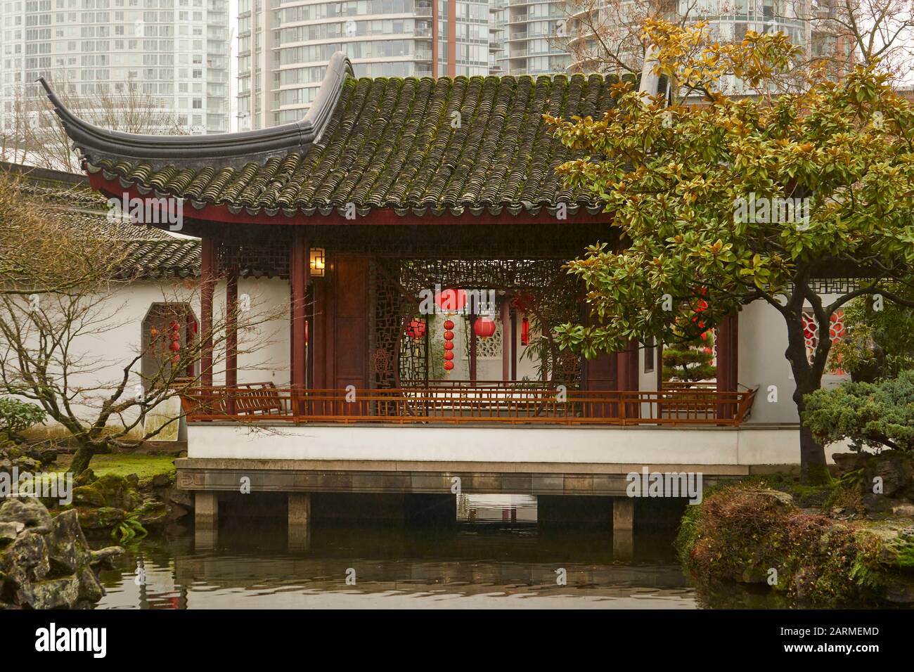 A pagoda in  Dr. Sun Yat-Sen Classical Chinese Garden, Chinatown, Vancouver, BC, Canada Stock Photo