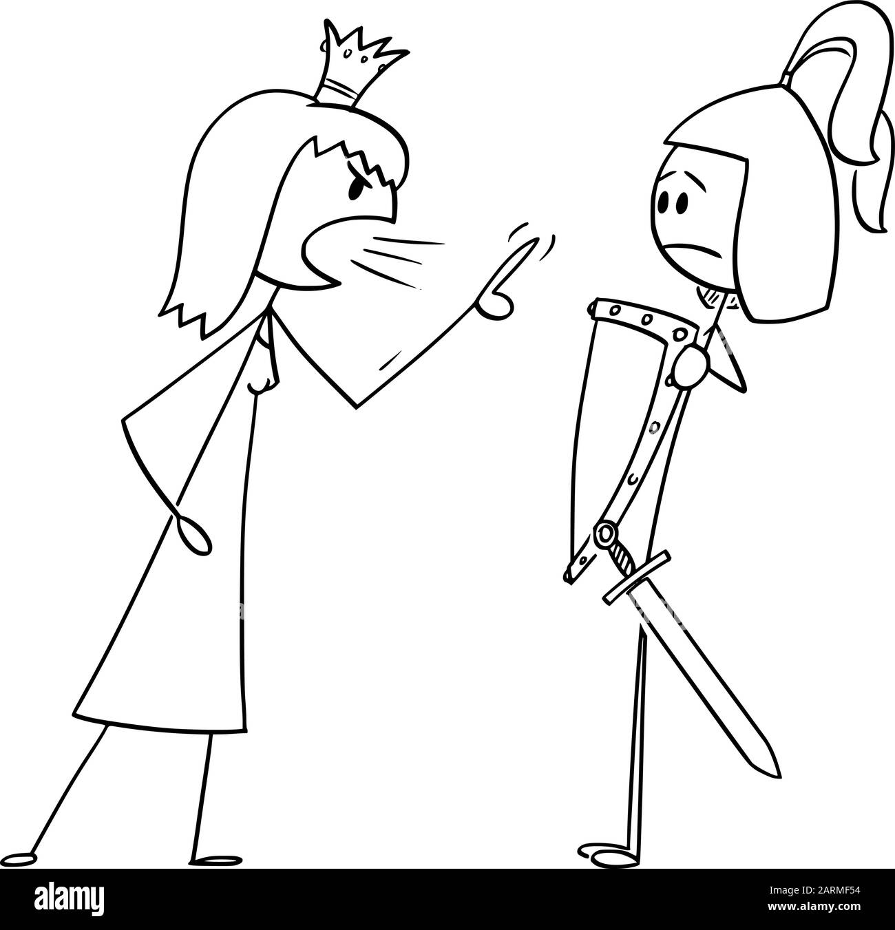 Vector cartoon stick figure drawing conceptual illustration of princess or queen yelling angry at prince or warrior in armor. Concept of relationship problem. Stock Vector