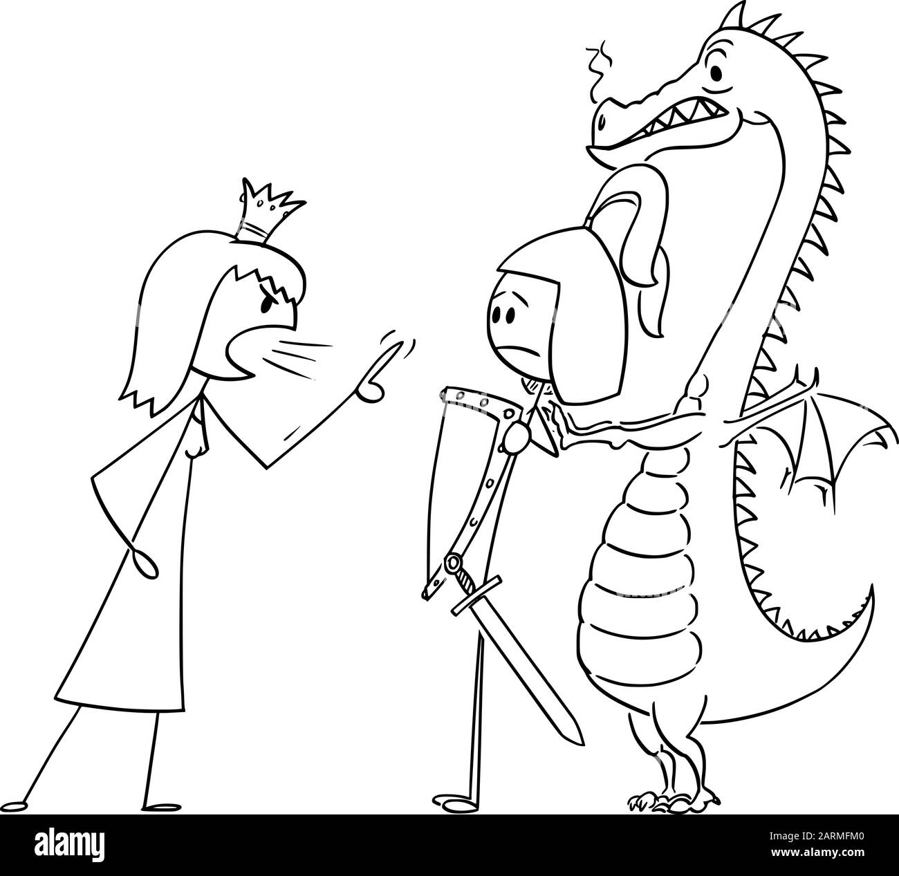 Vector cartoon stick figure drawing conceptual illustration of princess or queen yelling angry at prince or warrior in armor and dragon. Concept of relationship problem. Stock Vector