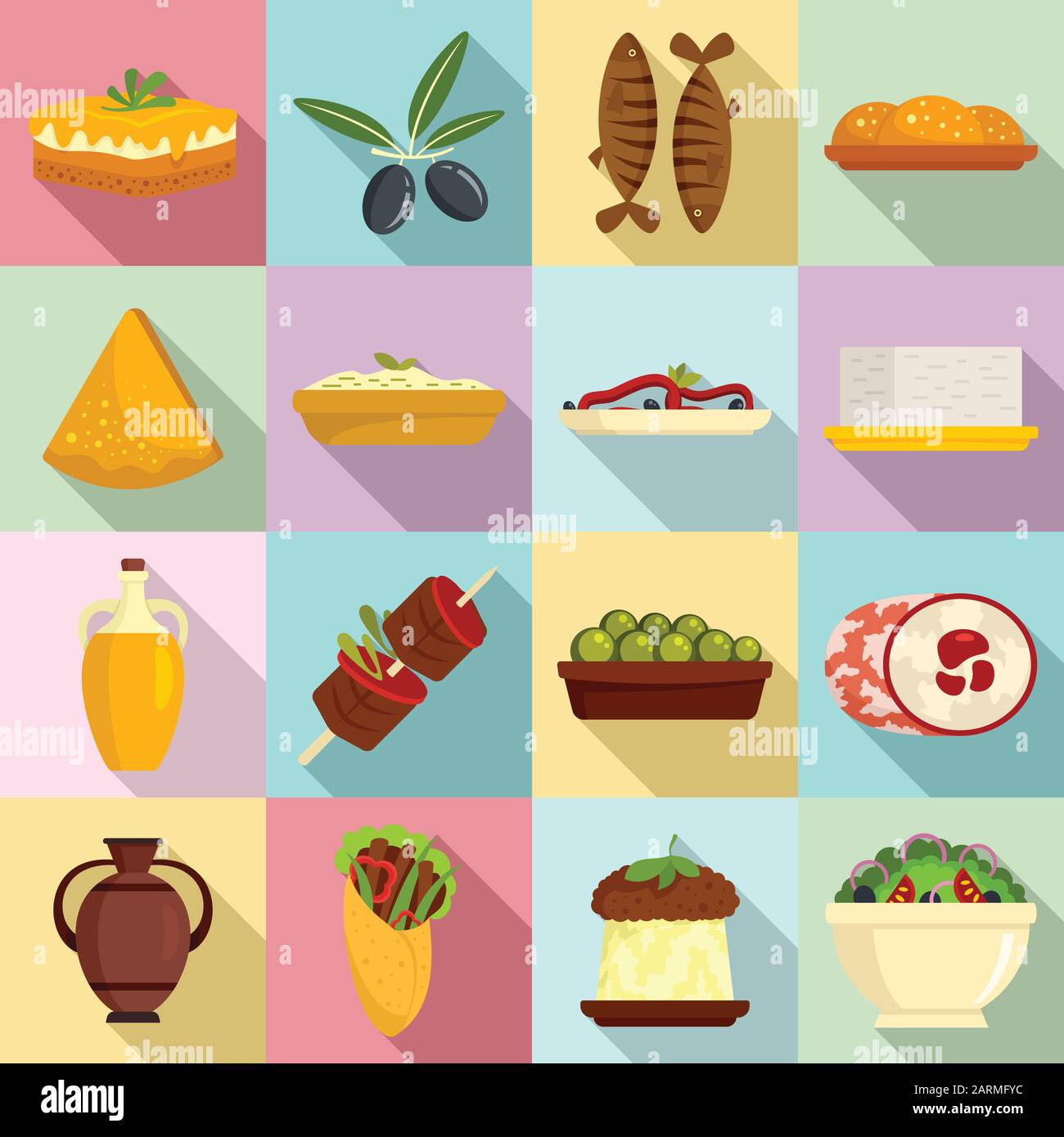 Greek cuisine icons set. Flat set of Greek cuisine vector icons for web design Stock Vector