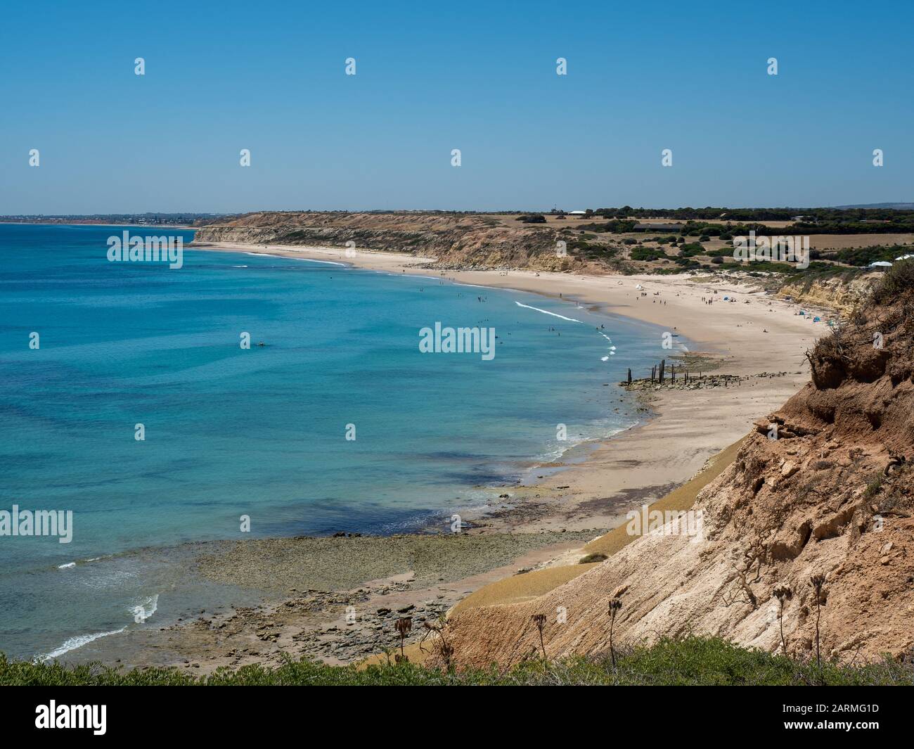 Port Willunga beach with jetty ruins on a bright sunny day in South Australia on January 29th 2020 Stock Photo