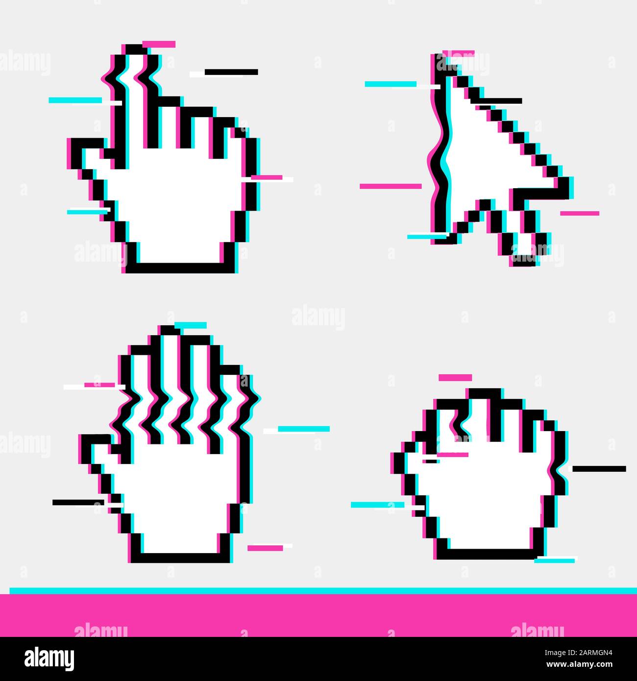 Pixel glitch mouse hand and arrow cursor icon sign set flat style