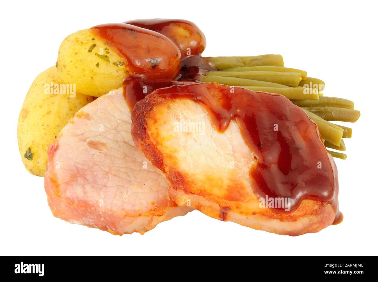 Bacon medallion and boiled potato meal with bourbon sauce isolated on a