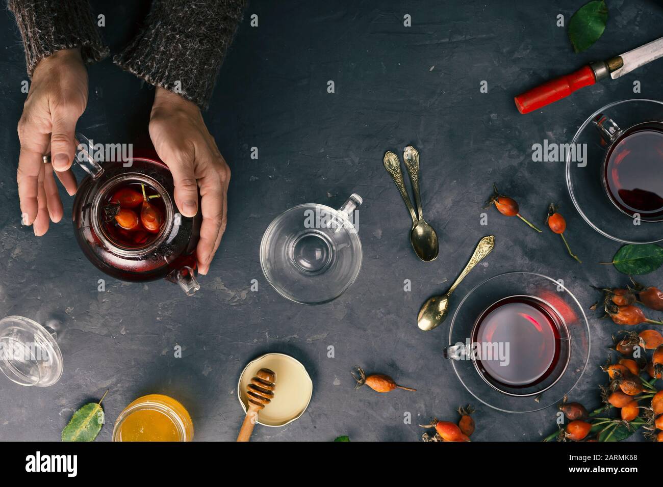 benefits, sore throat, herbal teas, inflammation, rose petal, rosa canina Stock Photo Alamy