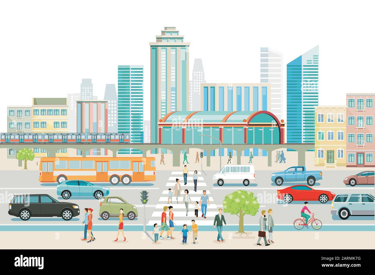 Big city with train station, bus, and pedestrian crossing Stock Vector