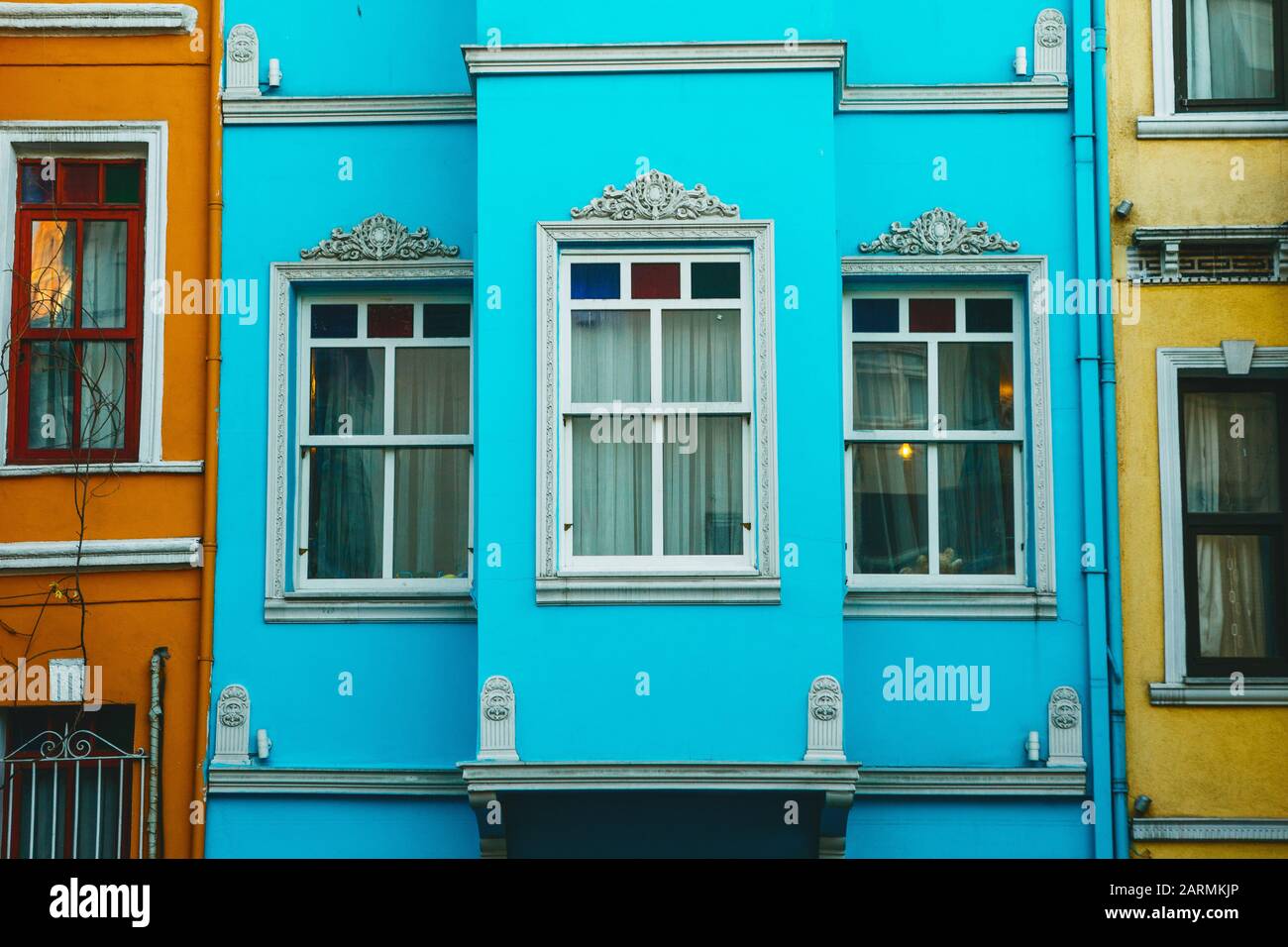 Close up of old traditional residential buildings in Balat district of ...