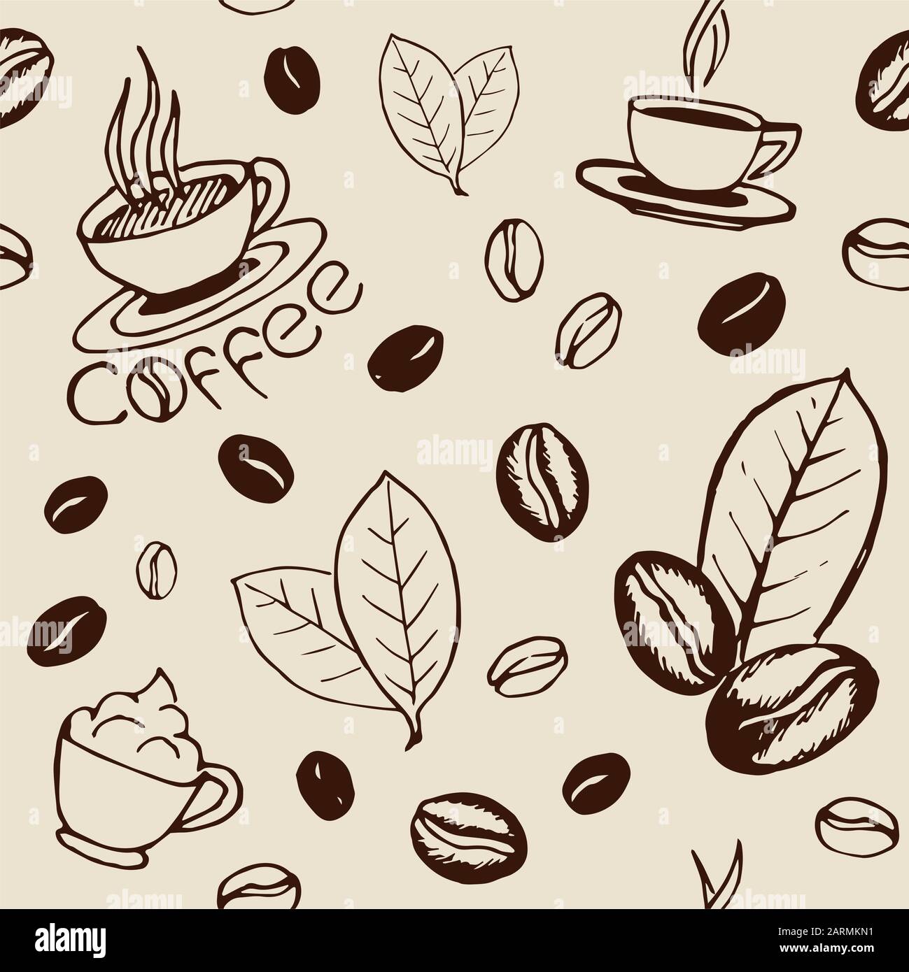 Hand drawn seamless pattern with coffee cups, beans and leaves. Sketchy ...