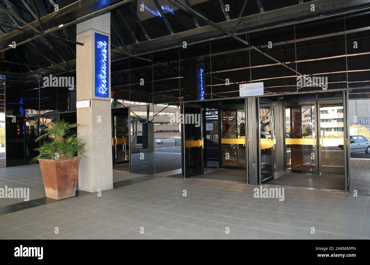 Restaurant and sign at main entrance to Joburg Theatre, Braamfontein