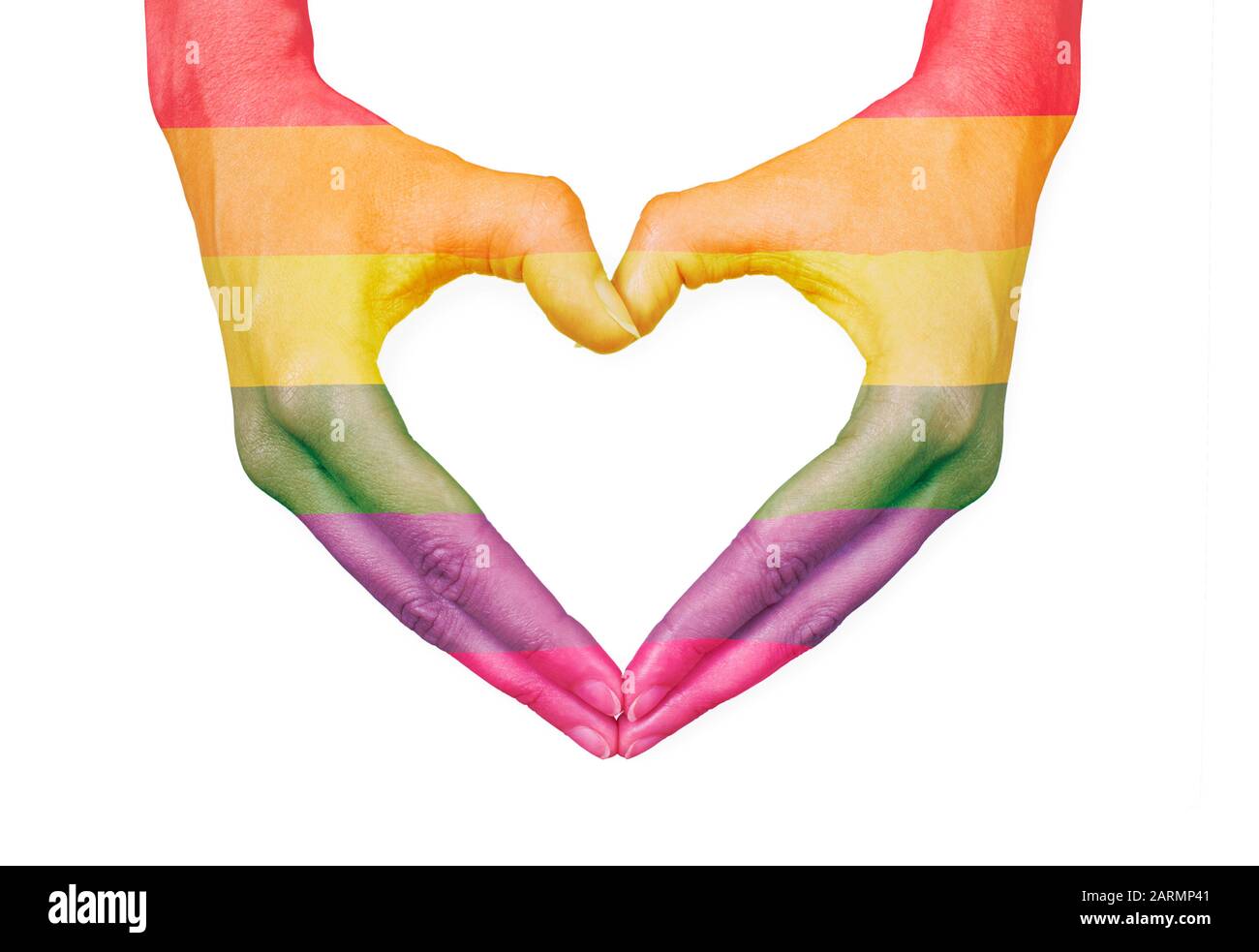 Female hands making a heart with LGBTQ+ raindow flag, can represent: health, love, caring, equality or beauty Stock Photo
