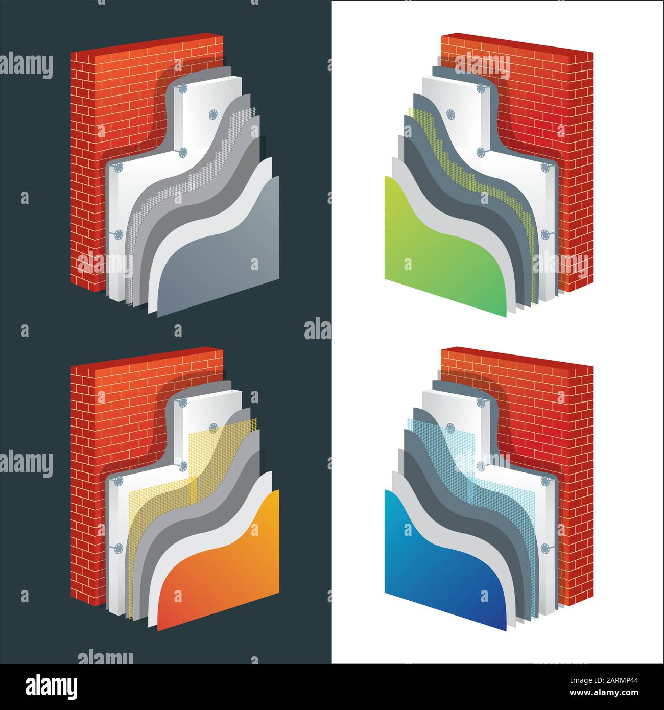 Thermal insulation cross-section layered scheme. Polystyrene insulated brick wall. Vector eps10 illustration. Stock Vector