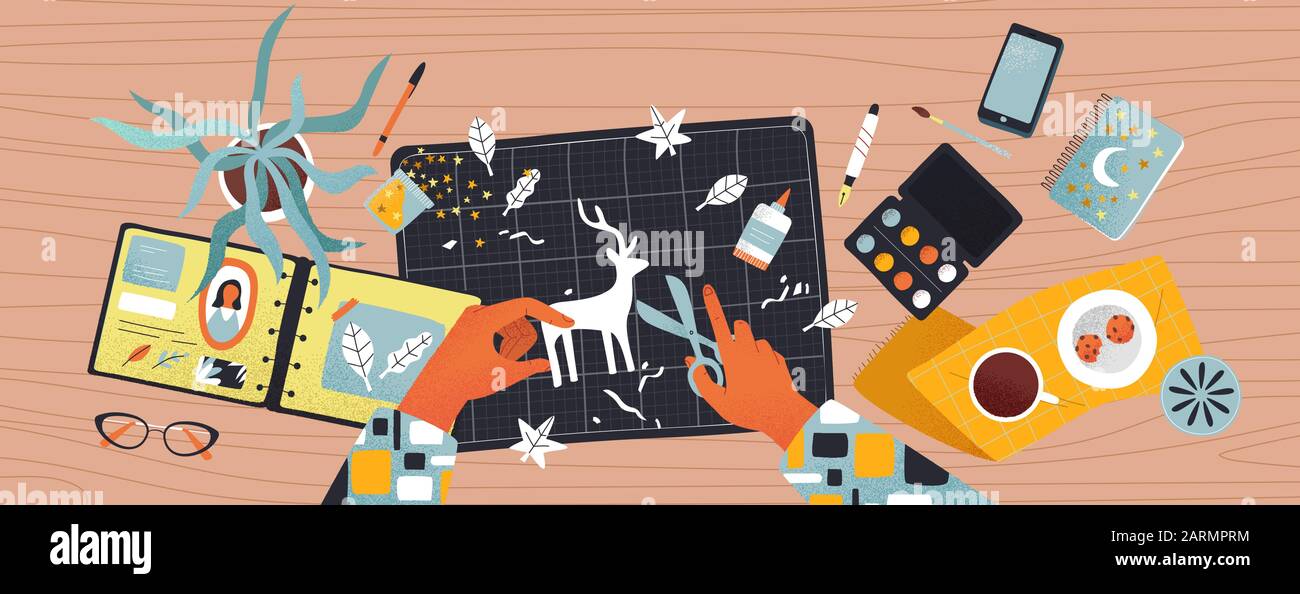 People hands cutting paper and making creative diy crafts from top view  angle. Modern flat cartoon illustration of leisure activity or art workshop  Stock Vector Image & Art - Alamy