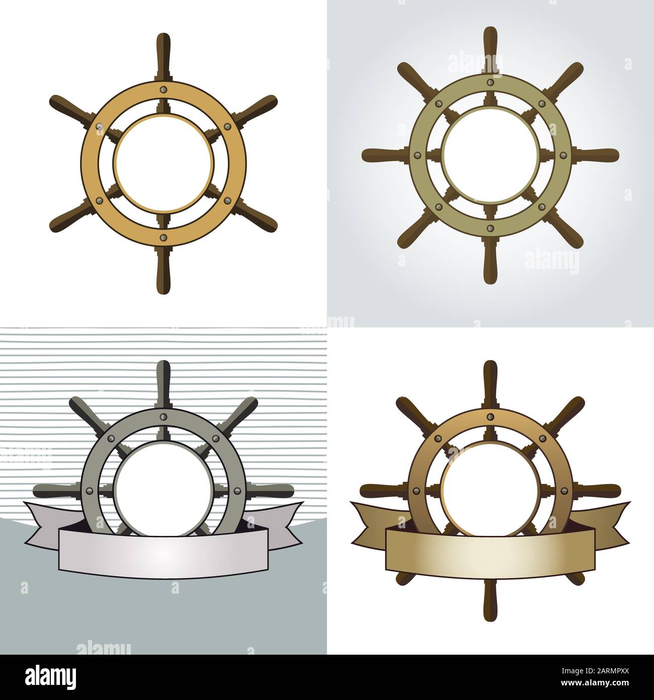 Set of four ship helm vector backgrounds. Shipboard steering wheel with blank banner and space for your text. Vector eps8 illustration. Stock Vector