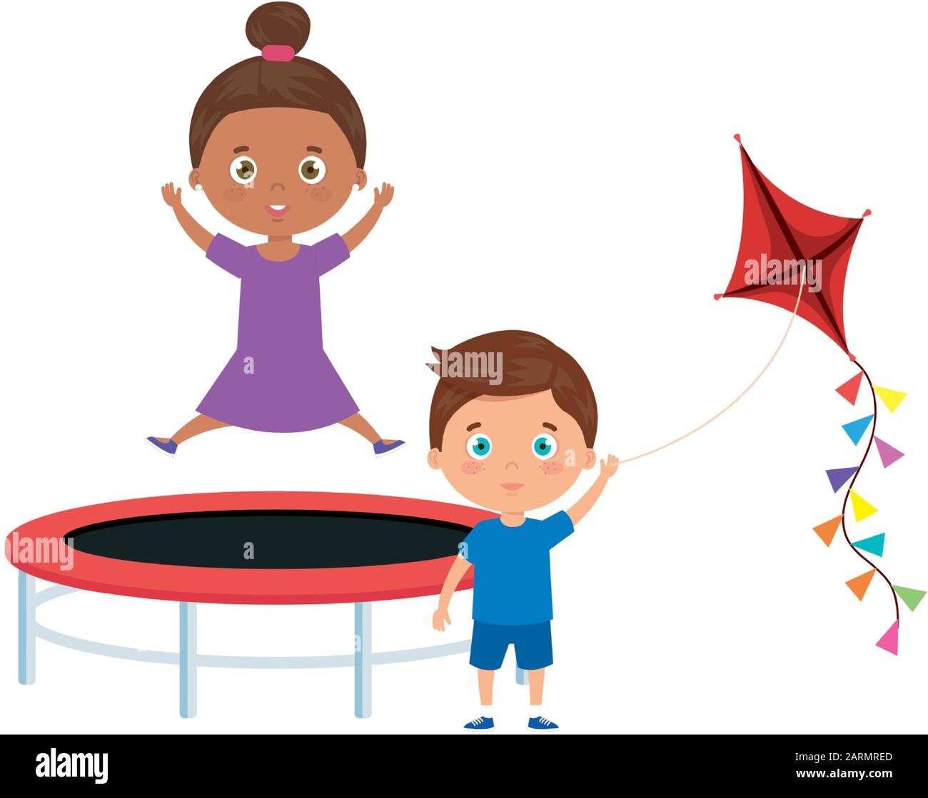 cute little children with trampoline jump and kite Stock Vector Image & Art Alamy